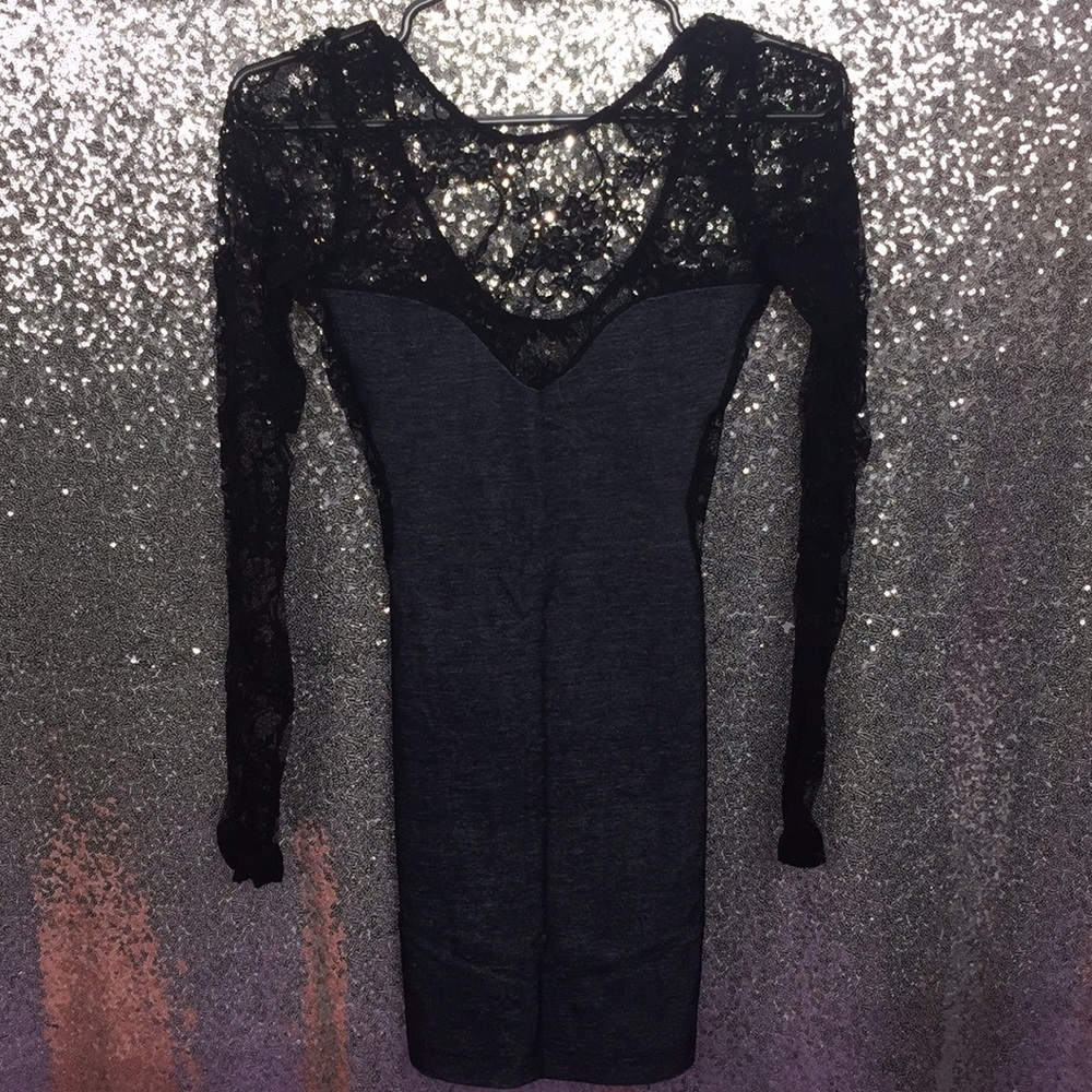 Denim Mimicking Black Lace Bodycon Dress